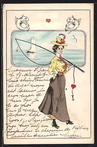 Künstler-AK Dame mit Angel und herzförmigem Köder, Segelschiff auf dem Meer
