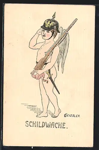 Künstler-AK Engel mit Pickelhaube und Gewehr als Schildwache