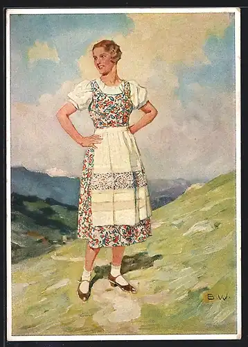 Künstler-AK Brynolf Wennerberg: Das Indanthrenerl, Reklame für Stoffe & Garne, Frau im Trachtenkleid auf der Wiese