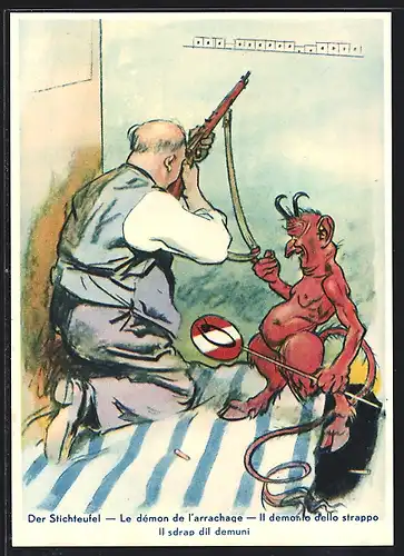 Künstler-AK Luzern, Eidg. Schützenfest 1939, Stichteufel irritiert den Schützen