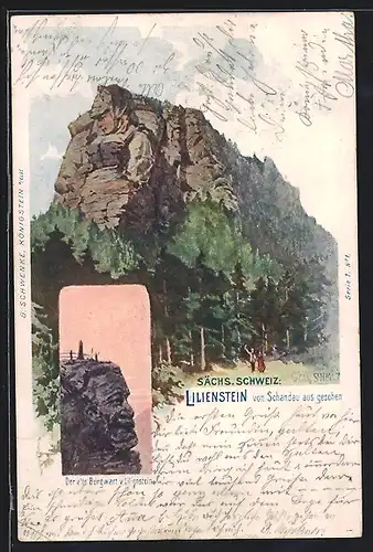 Künstler-AK Schwenke Ser. 1 Nr. 1: Schandau /Sächs. Schweiz, Lilienstein mit Burgwart, Berg mit Gesicht / Berggesichter