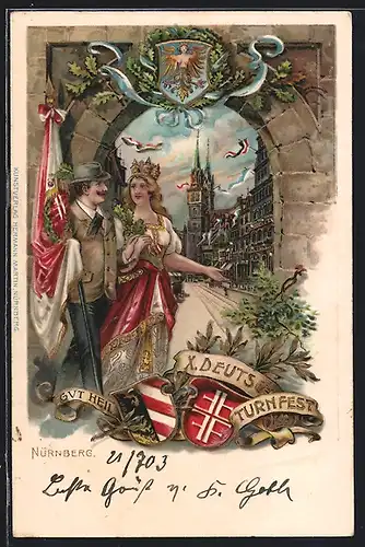 Lithographie Nürnberg, X. Deutsches Turnfest, Turner und Göttin mit Flagge, Wappen, Stadtansicht