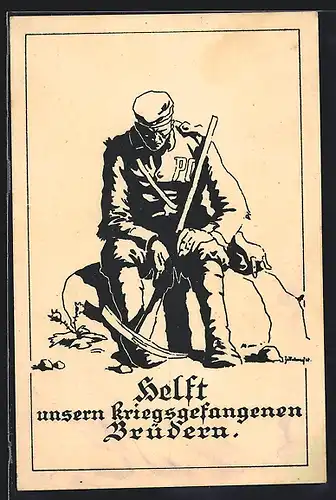 Künstler-AK Kriegsgefangener deutscher Soldat mit Spitzhacke