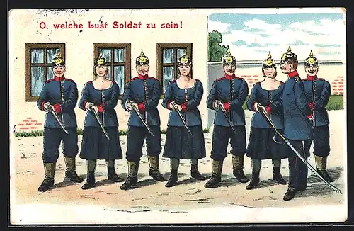 AK Offizier inspiziert männliche u. weibliche Soldaten in Uniform mit Pickelhaube