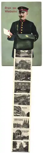 Leporello-AK Wiesbaden, Ansichten hinter der Brieftasche, Königl. Theater, Heidenmauern mit römischem Tor