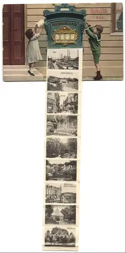 Leporello-AK Duisburg, Ansichten hinterm Briefkasten, Bahnhof, Hafen, Beekstr., Wolfsburg