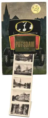 Leporello-AK Potsdam, Stadtansicht hinterm Auto, Historische Mühle, Schloss Sanssouci, Neues Palais