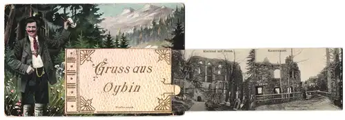 Leporello-AK Oybin, Jäger im Wald, Kirchhof mit Ruine, Kaisermauer, Berg Oybin