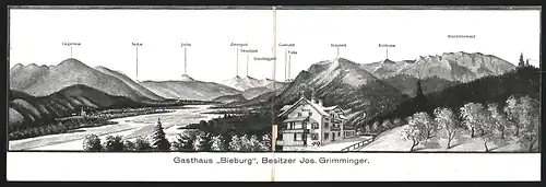 Klapp-AK Bad Tölz, Gasthaus und Café Bieburg von Adam Glonner mit Gebirgspanorama