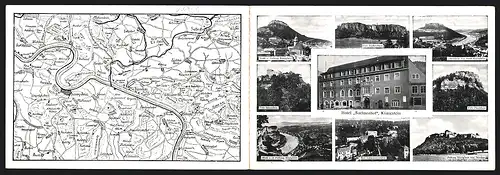 Klapp-AK Königstein, Hotel Sachsenhof, Fels Pfaffenstein und Landkarte der Umgebung