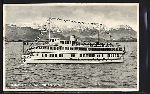 AK Bodensee, Motorschiff Allgäu in Flaggengala mit den Alpen