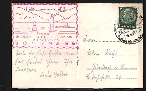 AK Bodensee, Motorschiff Allgäu in Flaggengala mit den Alpen