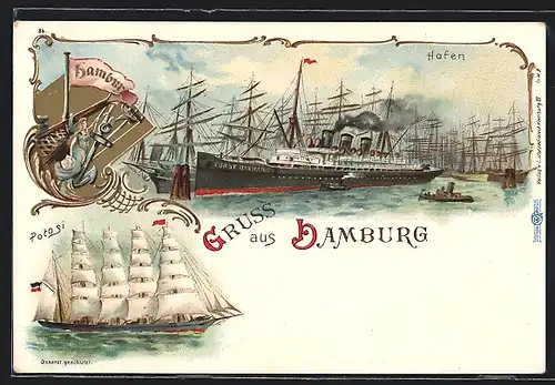 Lithographie Hamburg, Dampfer Fürst Bismarck im Hafen, Segelschiff Potosi