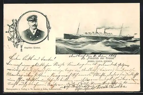 AK Dampfer Friedrich der Grosse des Norddeutschen Lloyd, Kapitän Eichel
