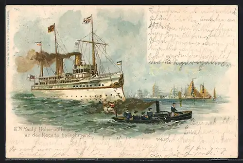 Lithographie Kriegsschiff S. M. Yacht Hohenzollern nimmt an einer Regatta teil