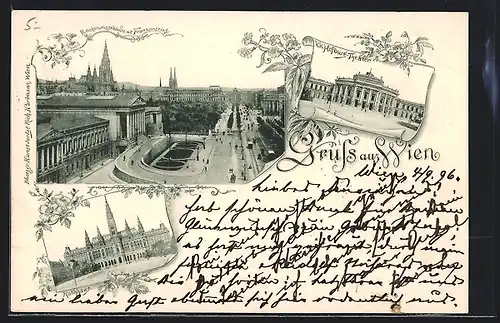 AK Wien, Reichsrathsgebäude mit Franzensring, K. k. Hofburg-Theater, Rathaus