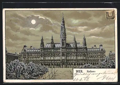 Mondschein-Lithographie Wien, Rathaus bei Nacht