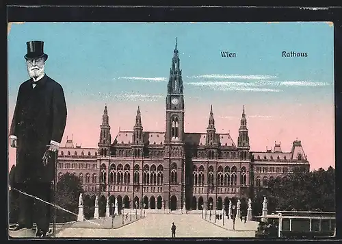 AK Wien, Rathaus und Portrait des Bürgermeister Carl Lueger