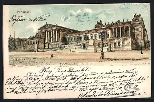 Lithographie Wien, Strassenpartie mit Aufgang zum Parlament