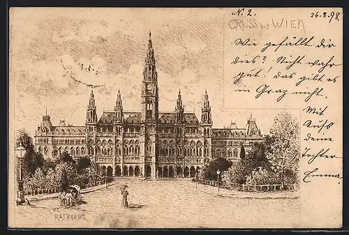 Lithographie Wien, Kutsche vor dem Rathaus