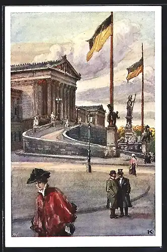 Künstler-AK J. Kalous: Wien, Passanten vor dem Parlament