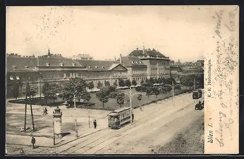 AK Wien, Hofburg, Strassenbahn und Litfasssäule vor den k. k. Hofstallungen