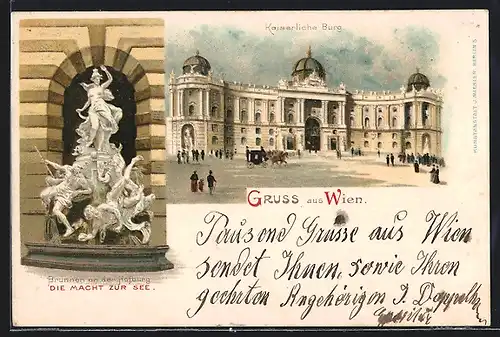 Lithographie Wien, Kaiserliche Burg und Brunnen an der Hofburg