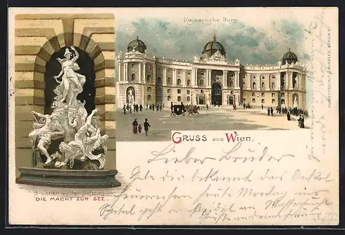 Lithographie Wien, Hofburg, Brunnen