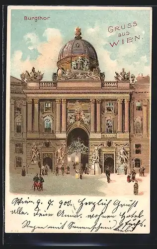 Lithographie Wien, Passanten am Burgtor der Hofburg
