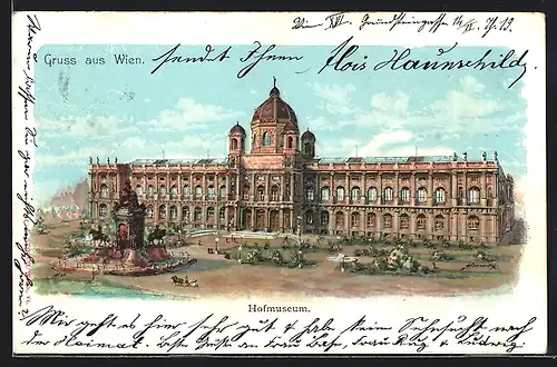 Lithographie Wien, Hofmuseum mit Denkmal