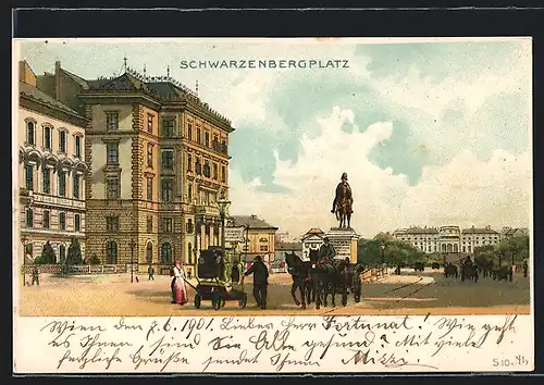 Lithographie Wien, Schwarzenbergplatz mit Kutsche und Handkarren