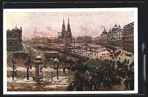 Künstler-AK Wien, Freiheitsplatz mit Votivkirche aus der Vogelschau