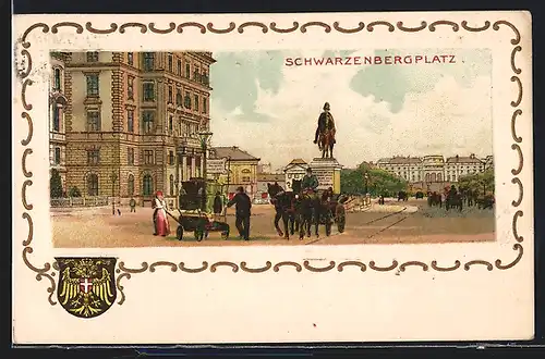 Lithographie Wien, Verkehr auf dem Schwarzenbergplatz, Wappen