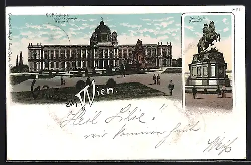 Lithographie Wien I, Maria Theresien Platz, Hof-Museum mit Maria Theresia-Monument, Prinz Eugen-Monument