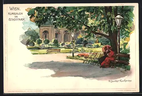 Künstler-Lithographie H. Junker: Wien, Kursalon im Stadtpark