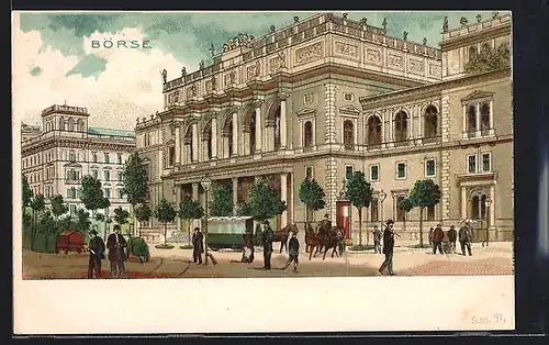 Lithographie Wien, Passanten vor der Börse