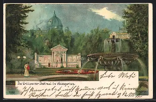 Lithographie Wien, Das Grillparzer-Denkmal im Volksgarten