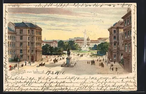 Lithographie Wien, Schwarzenberg-Platz mit Denkmal und Springbrunnen
