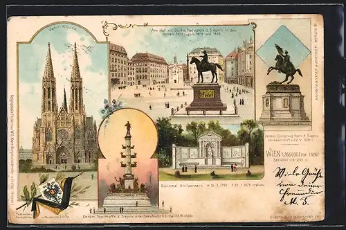 Lithographie Wien, Votivkirche, Grillparzer Denkmal