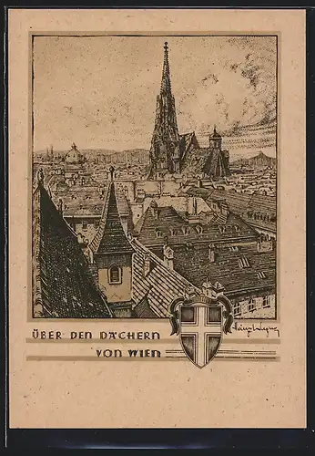 Künstler-AK Wien, Teilansicht aus der Vogelschau, Wappen