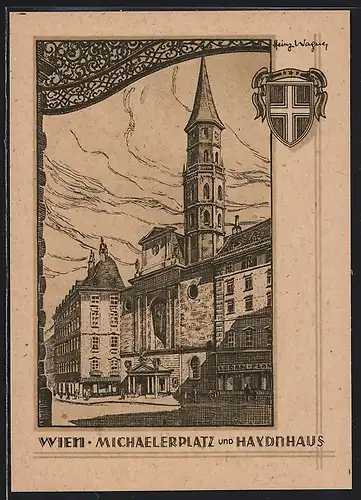 Künstler-AK Wien, Michaelerplatz und Haydnhaus, Wappen