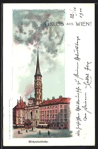 Lithographie Wien, Michaelerkirche, von einem Platz gesehen