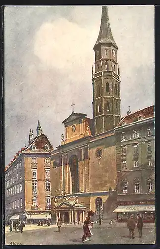 Künstler-AK Wien, Belebte Partie vor der Michaelerkirche