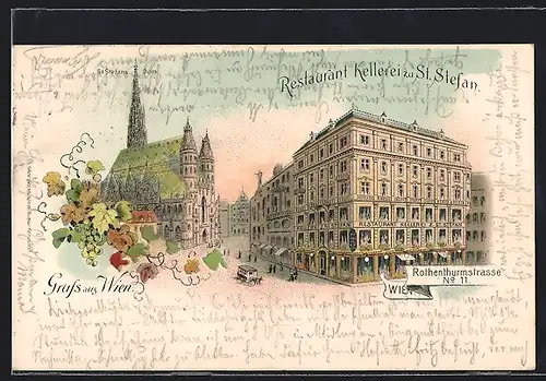 Lithographie Wien, Restaurant Kellerei zu St. Stephan, Rothenthurmstrasse 11, St. Stefans-Dom