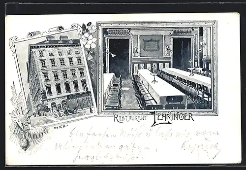 Künstler-AK Wien, Restaurant Lemninger, Aussen- und Innenansicht