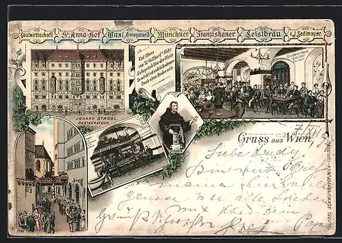Lithographie Wien, Gasthaus St. Anna-Hof, Annagasse 3, Müchner Franziskaner Leistbräu