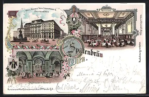 Lithographie Wien, Hotel Kranitz, Spatenbräu, Marmorsaal, Majolikasaal im Souterrain, Neuer Markt 6