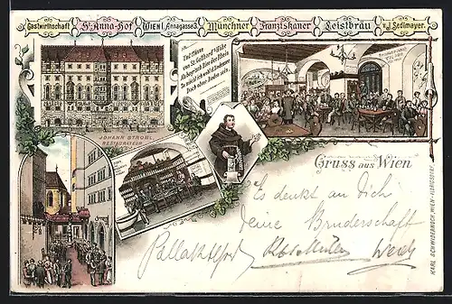 Vorläufer-Lithographie Wien, 1895, Gastwirtschaft St. Anna-Hof, Annagasse 3, Johann Strobl, Fassade und Innenansicht