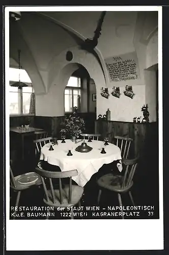 AK Wien, Restauratoin K. u. E. Baumann, Kagranerplatz 33, der Napoleontisch