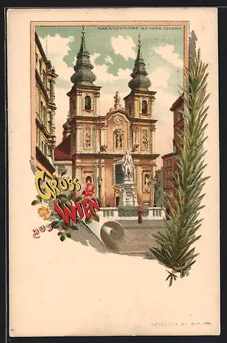 Lithographie Wien, Mariahilferkirche und Haydn-Denkmal